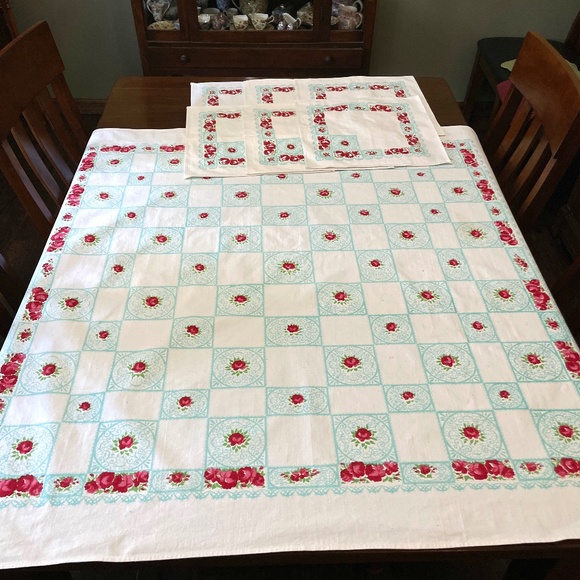 Vintage Aqua Red Printed Floral Cotton Tablecloth Six Napkins Set READ PLEASE - Picture 1 of 15